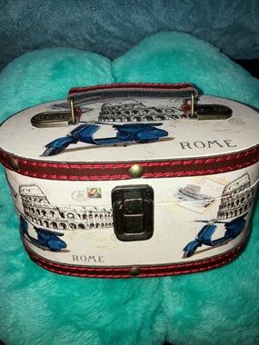 Travel-Inspired Rome Cosmetic Case in Cream and Blue Leather Trimmed 7” X 5”